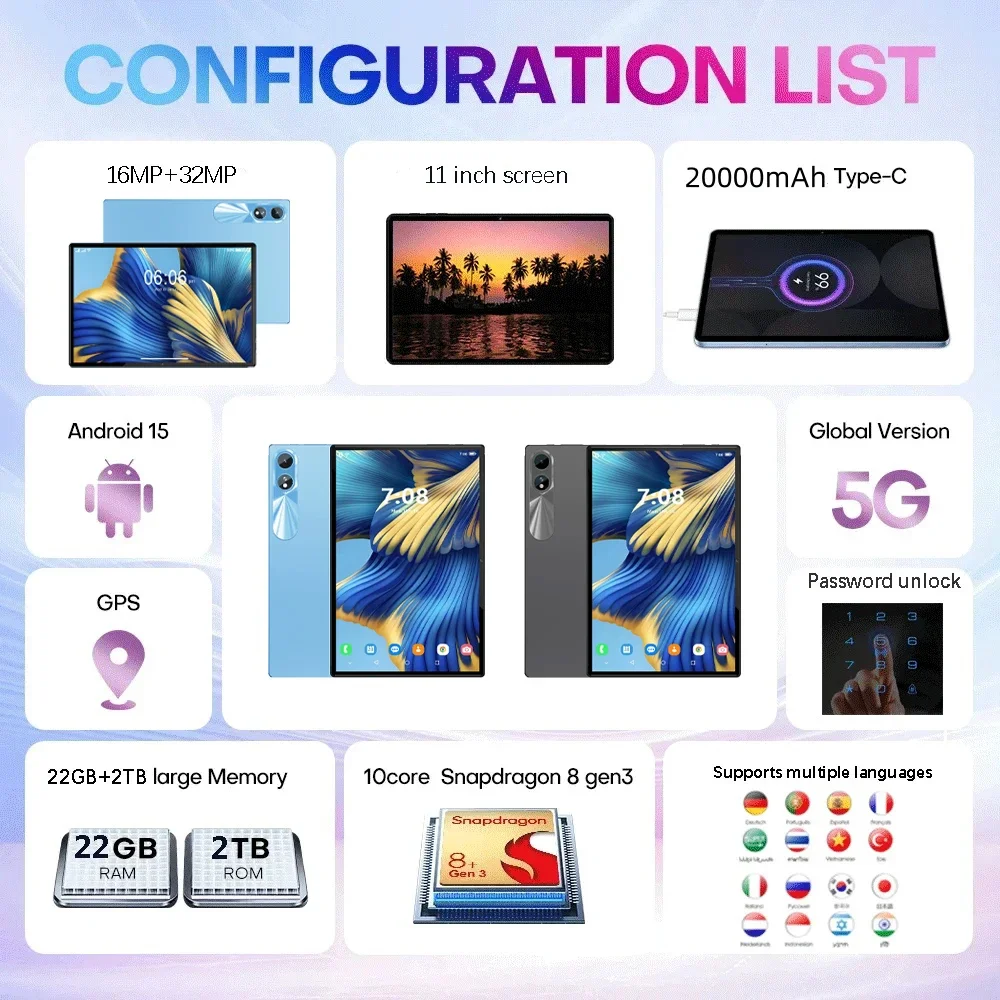 2025 NEW Pad K80 Pro Tablet 11 Inch 22GB+2TB Tablet Android 15 Snapdragon8Gen3 20000mAh 5G Dual SIM Card WIFI HD 4K Tablette PC
