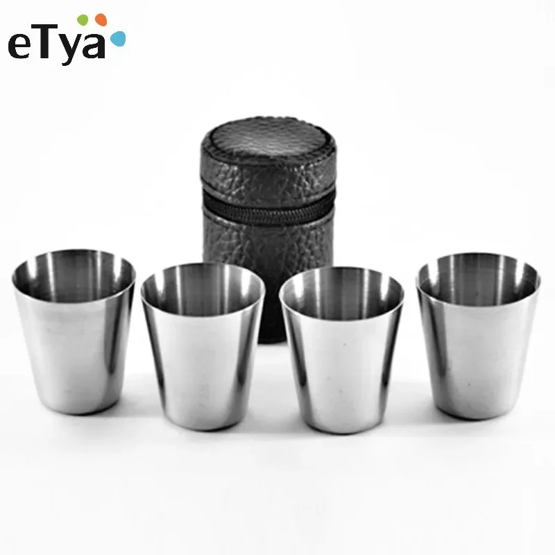 4Pcs/set PU Cover Portable 30ml Stainless Steel Wine Cups Drinking Vodka Whisky Liquor Alcohol Bottle Mug Travel Accessories