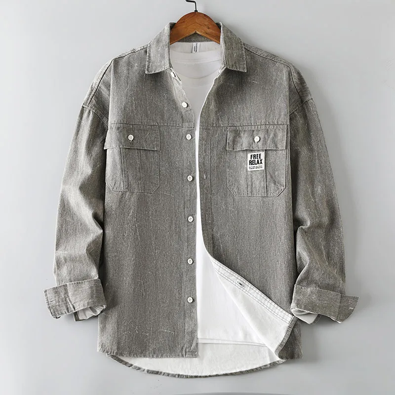 

Pure Cotton Long Sve Men's Workwear irt Vintage Spring Autumn New Sle Breathable Outerwear Trendy Hong Kong Sle