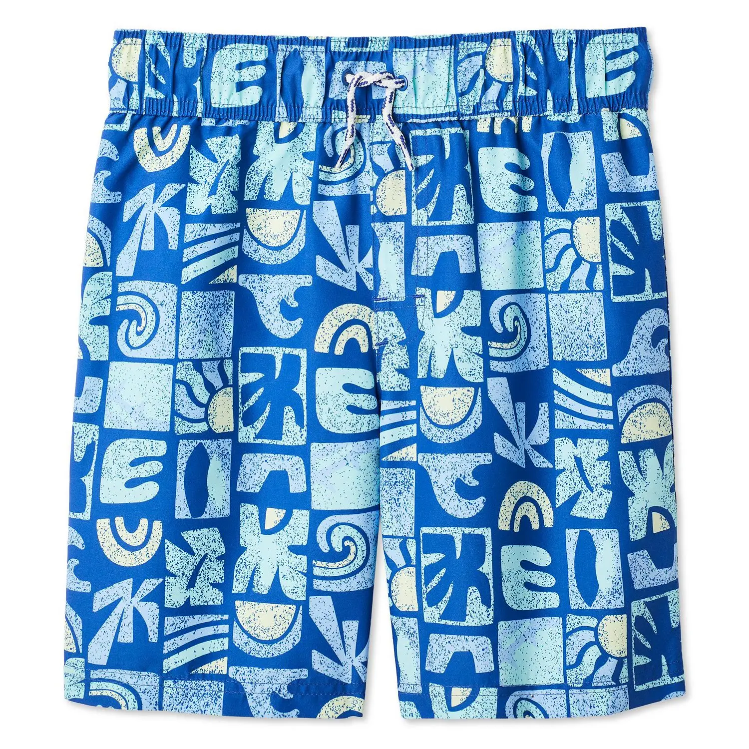 Men's Retro Geometric Totem Print Swim Shorts Bright Blue Drawstring Quick Dry Board Shorts For Beach Party Summer Vacation