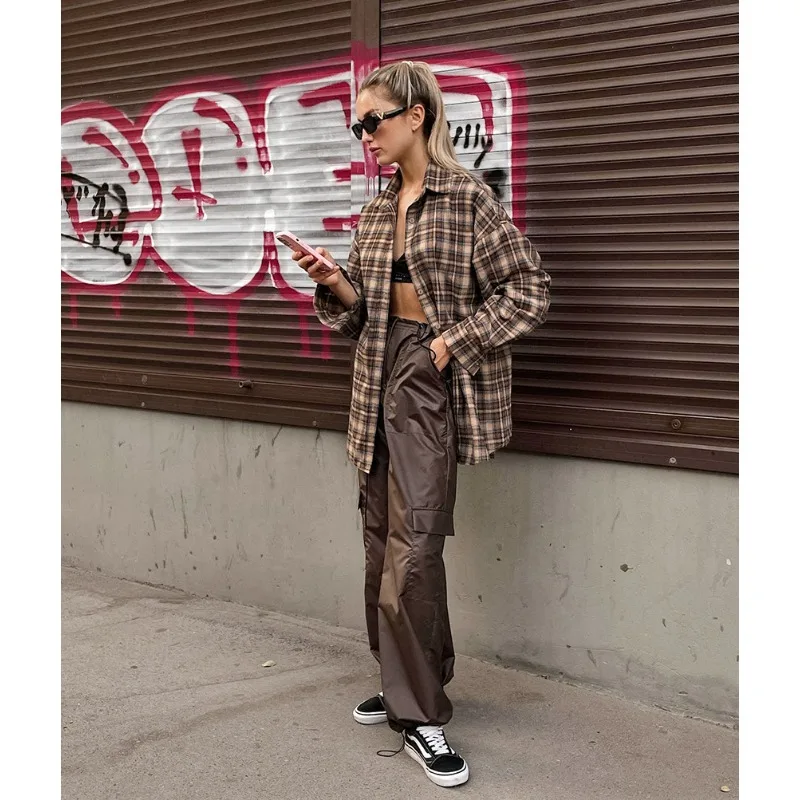 2025 가을 캐주얼 체크 셔츠 여성 루즈핏 겨울 라펠 버튼 여성 코트 긴팔 편안한 빈티지 카키 탑 여성 스트리트웨어