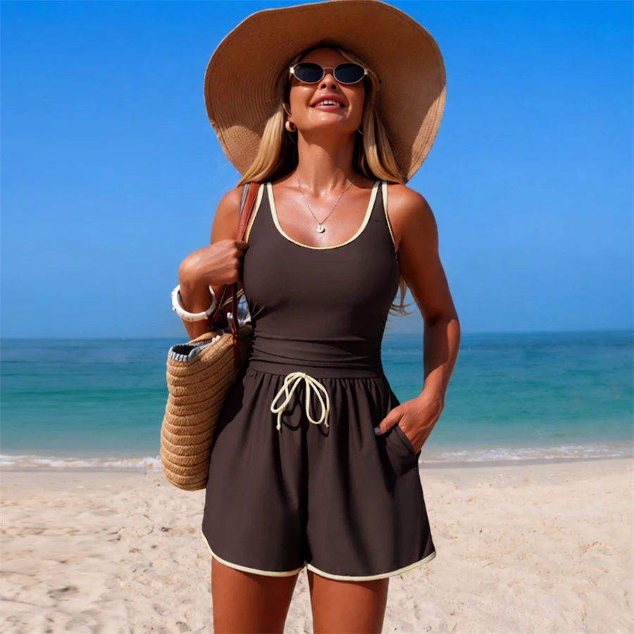 Women One Piece Swimsuit Summer Swimming Jumpsuit Vest Shorts Solid Classical Color Female Deep Neck Bathing Suits Beach 2026 image 5