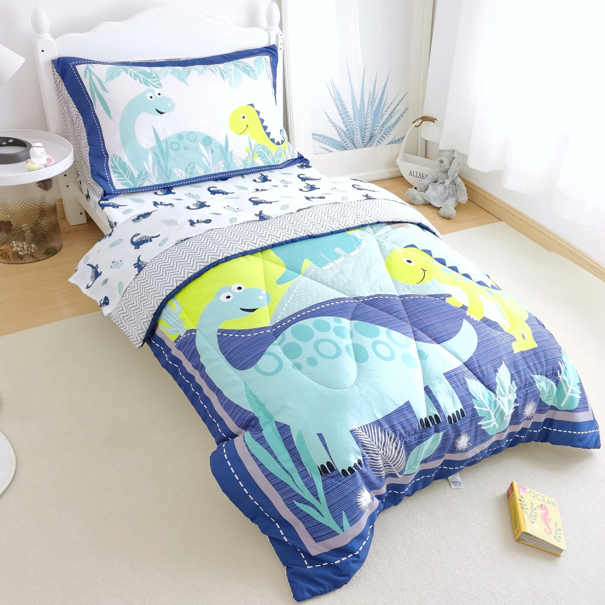 

Комплект одеял для малышей для мальчиков и девочек, двусторонние комплекты кроватки с динозавром, одеяло, простыня, плоская простыня, наволочка