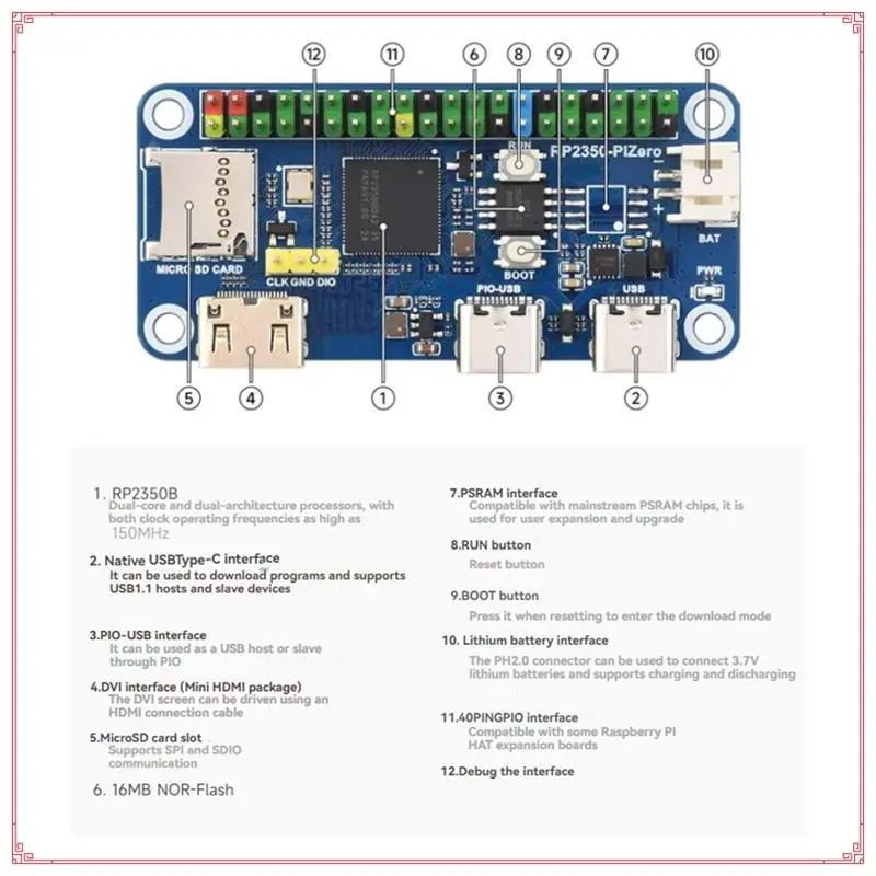 Waveshare RP2350-Pizero Development Board RP2350-Pizero Microcontroller 520KB SRAM, 16MB Flash For Raspberry Pi