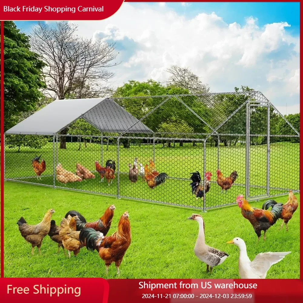 Large metal chicken coop runway, house walk-in chicken runway in the yard chicken coop/enclosure with waterproof cover duck coop