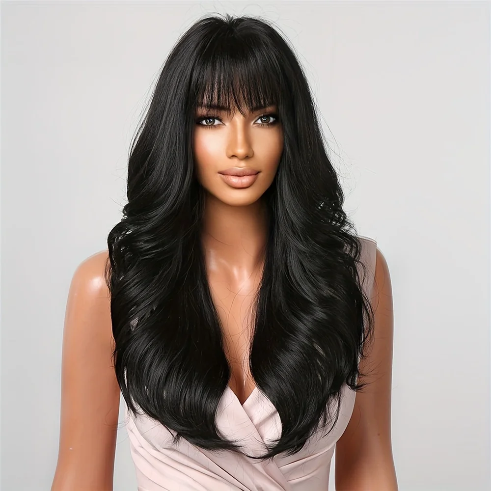 24 inch wig headgear bangs women's black long curly hair matte high temperature resistant rose mesh hat