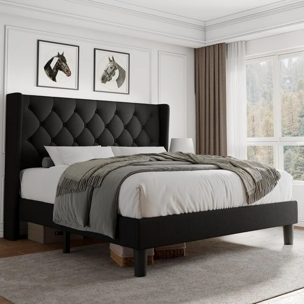 

iPormis Queen Size Platform Bed Frame with Button Tufted Headboard, Upholstered Bed Frame with Solid Wooden Slats, 8" Underbed S