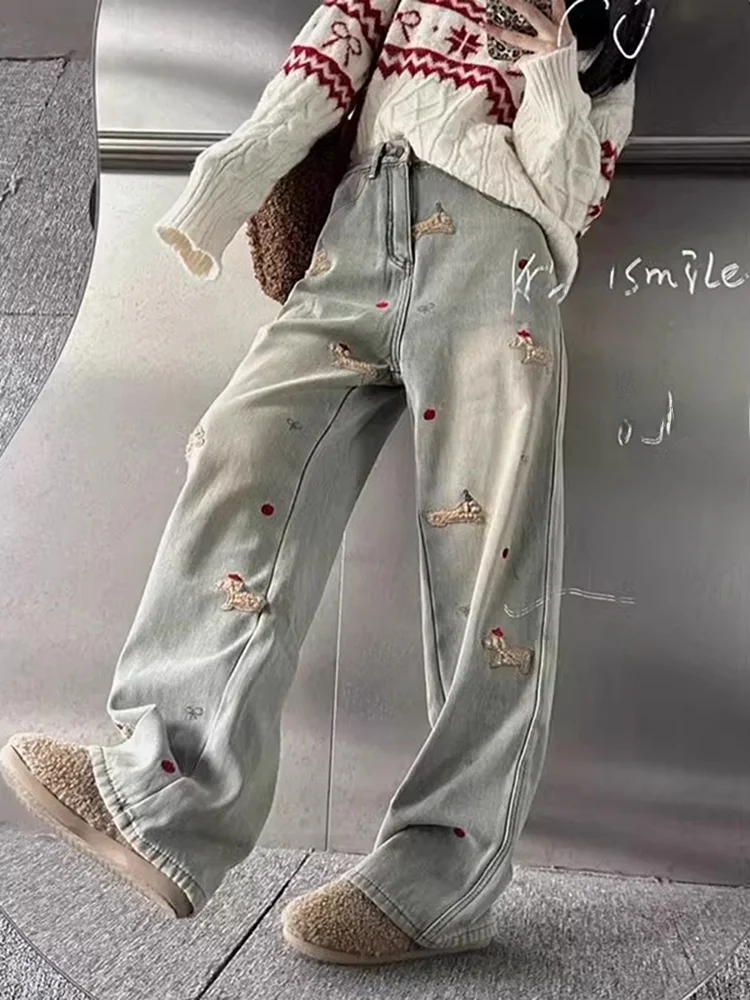 

Thiened Fce, широкие джинсы с высокой талией, женские осенне-зимние дизайнерские брюки с вышивкой собаки и колбасы