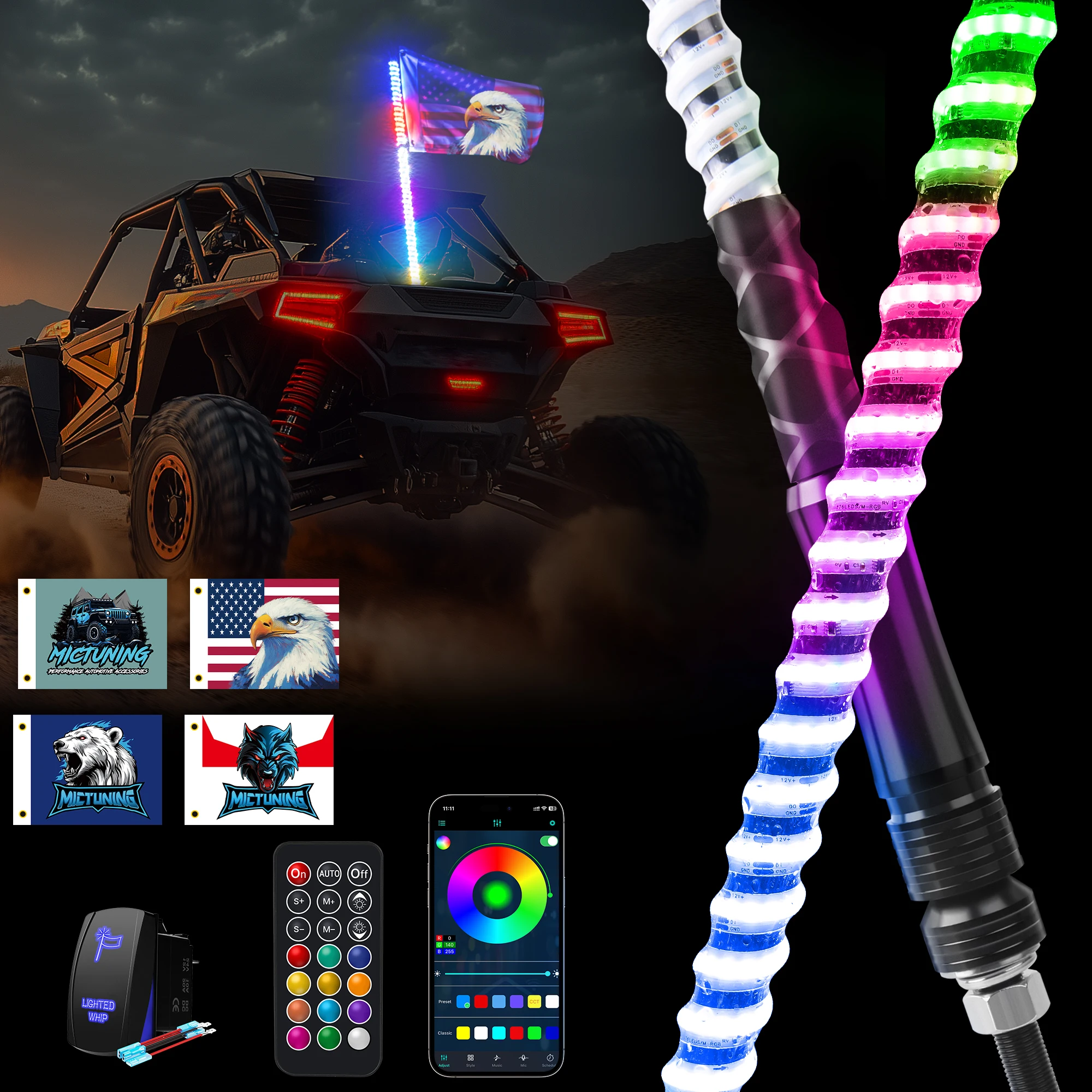 

Mictuning 3FT COB LED Whip Lights Flagpole Antenna Whips For UTV ATV Off Road Truck Sand Buggy Dune RZR Remote Control