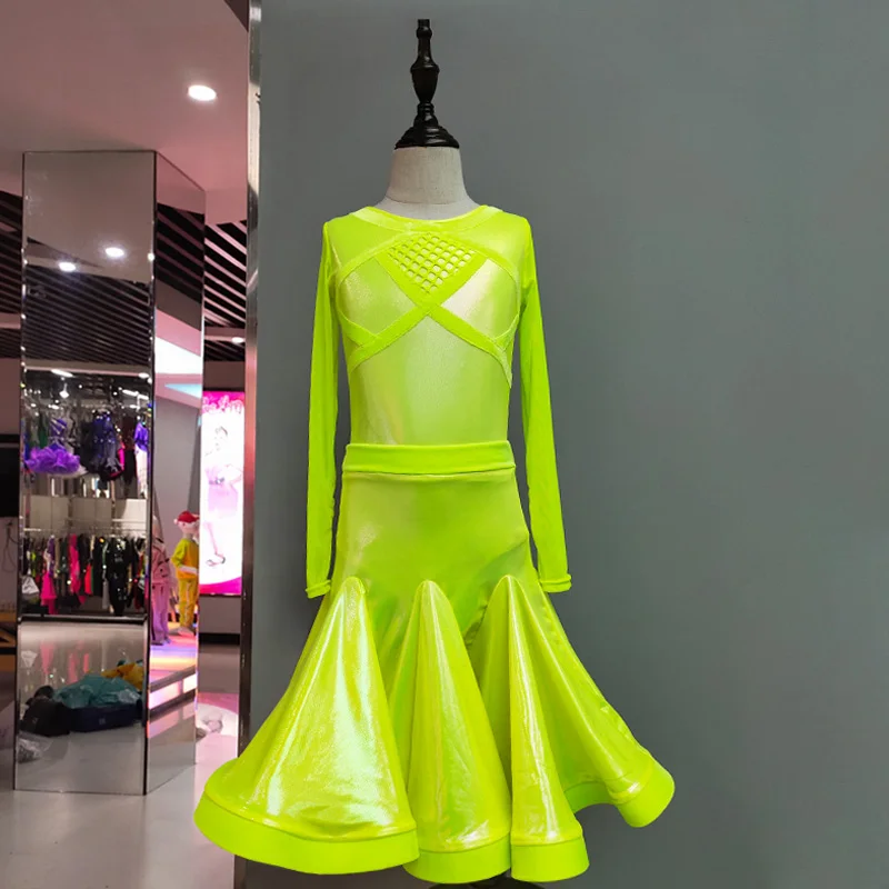 Girls Long Sleeved Latin Dance Dress Neon Patent-Leather Reflective Latin Dress Ballroom Dance Clothes For Kids Costume SL7206