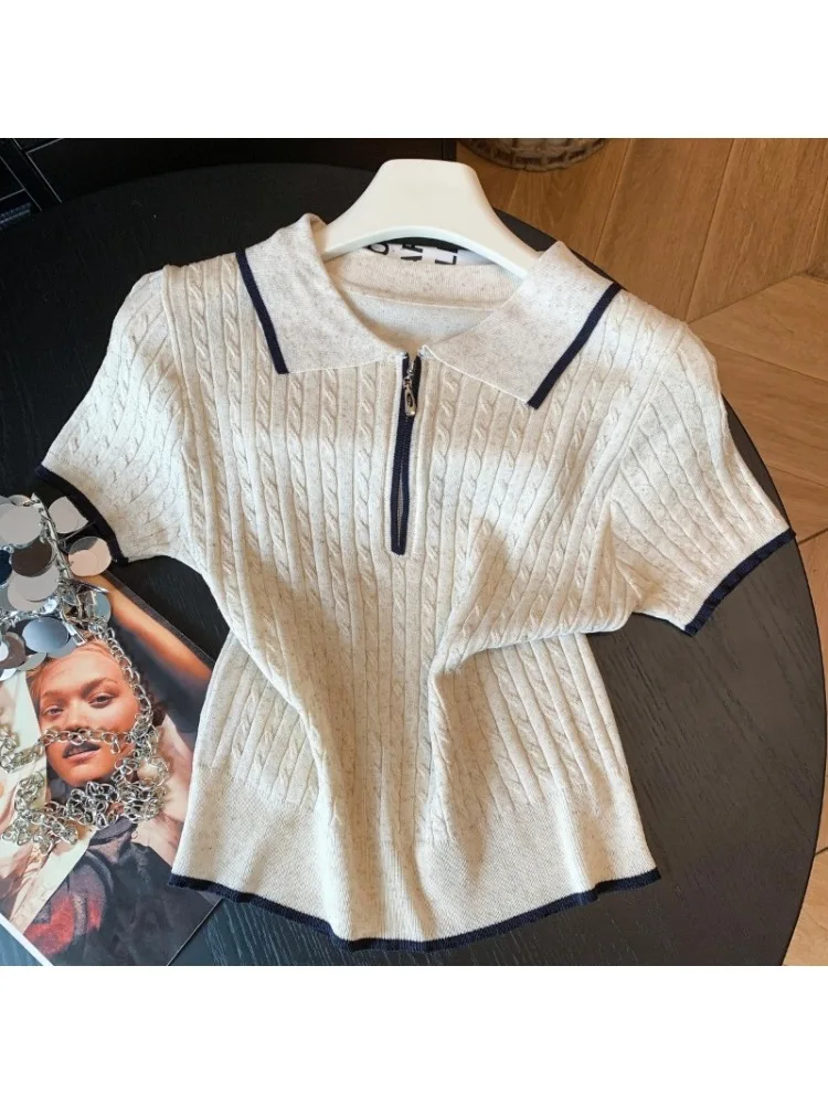 French Retro Polo Collar Splicing Ice Silk Knitted T-shirt Women's 2026 Summer Chic Lapel Half Zipper Short Sleeve Office Top