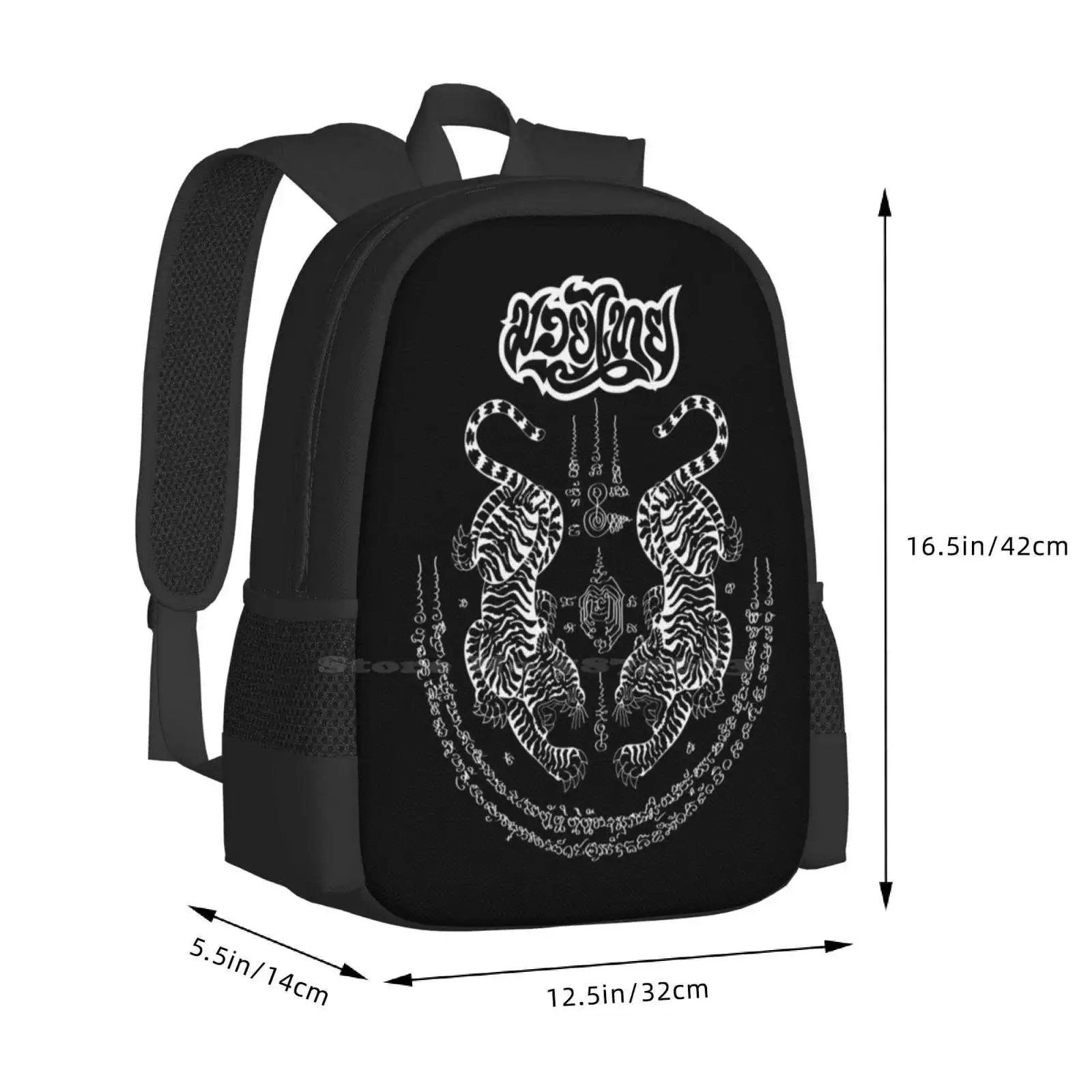 Muaythai Sak Yant Line Twin Tiger Design Teen College Student Backpack Pattern Design Bags Muaythai Martial Arts Muay Thai