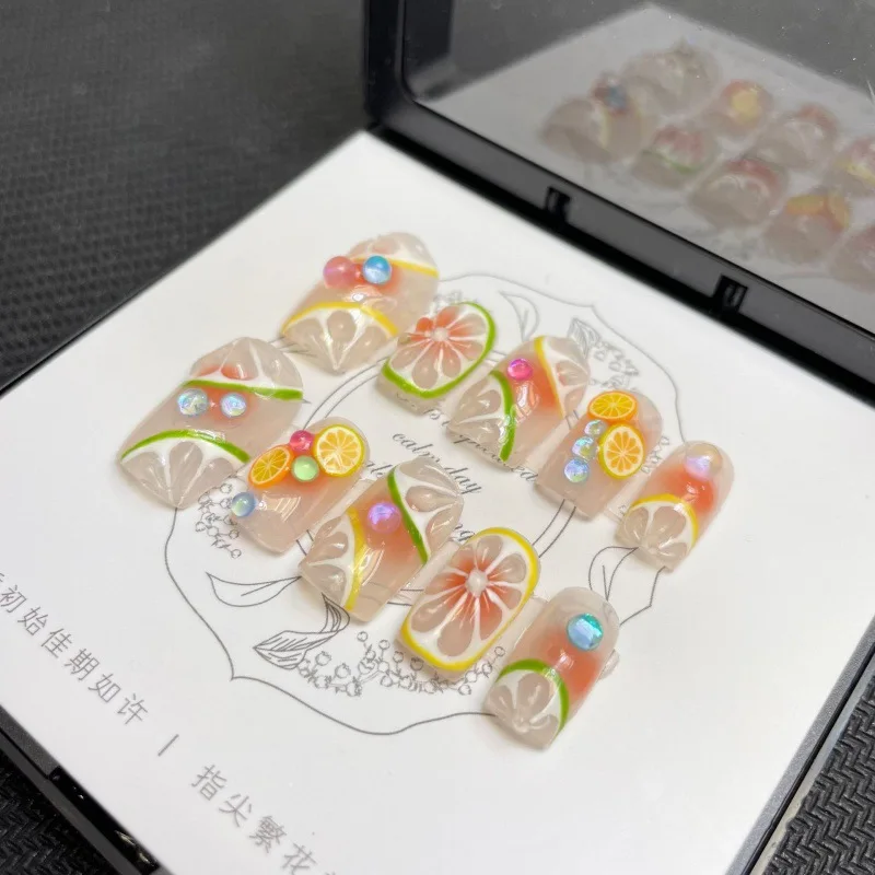 10 stuks luxe handgemaakte pers op nagels midden ballet citroen blush ontwerp kunstnagels met 4 STUKS gereedschap zelfklevende nagellijmlipjes