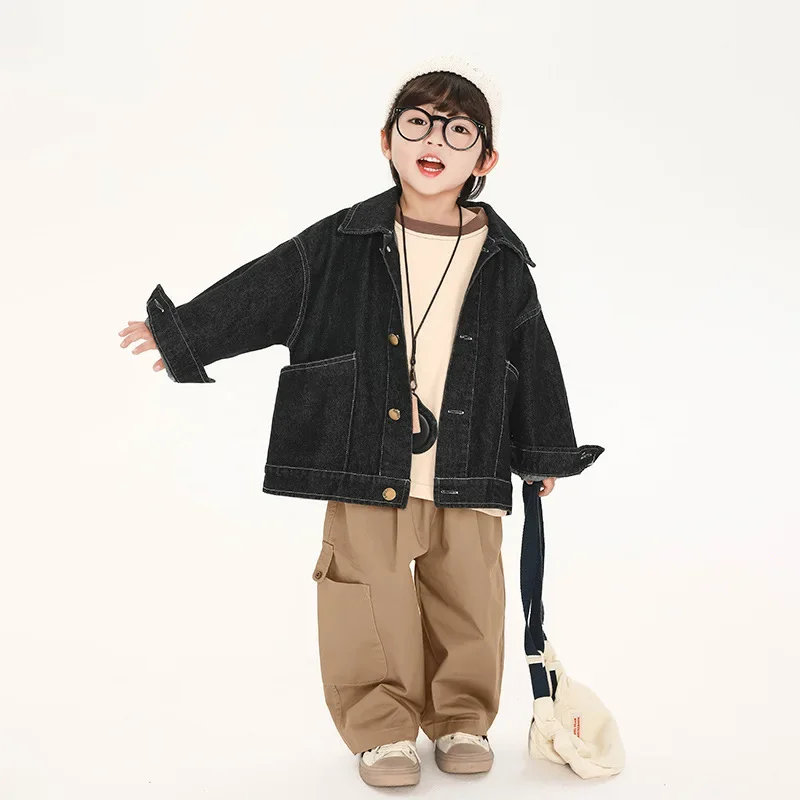 Primavera autunno ragazzi cappotto di jeans tinta unita stile coreano bambini turn-down coallr giacca casual bambini baby Tops