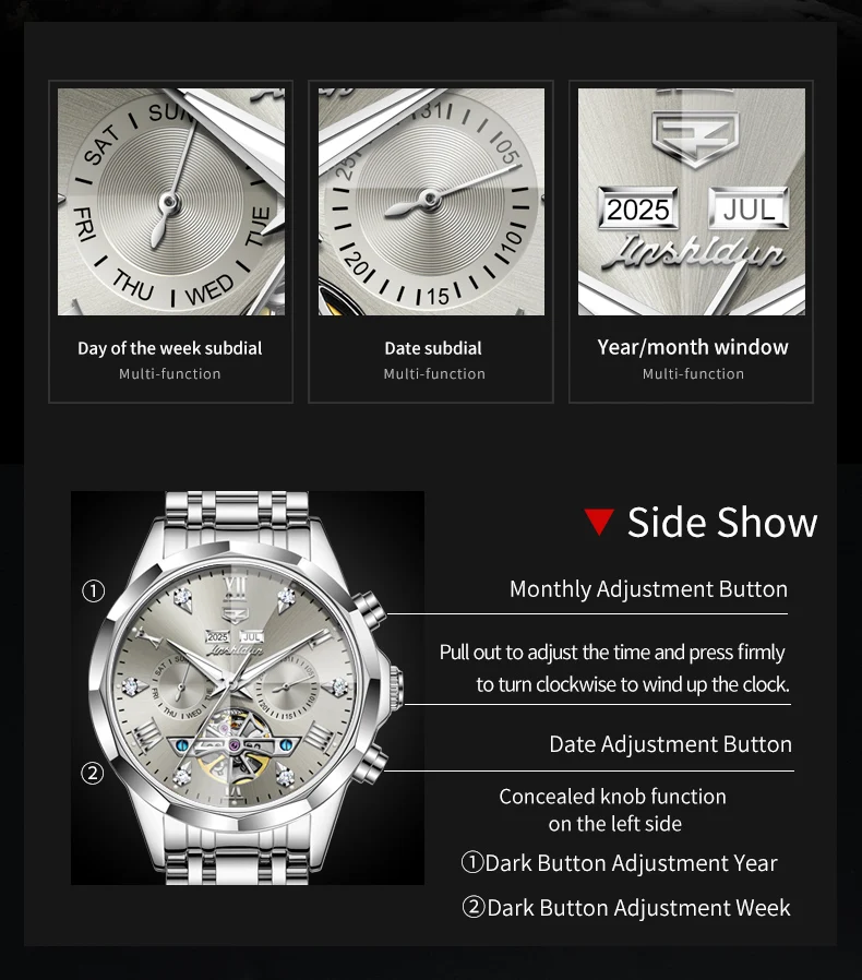 JINSHIDUN 8989 Luxus-Herrenuhr Mode Skelett-Schwungrad Automatikuhren für Herren Rhombus-Spiegel Business Mechanische Uhr für Männer – Detail 11