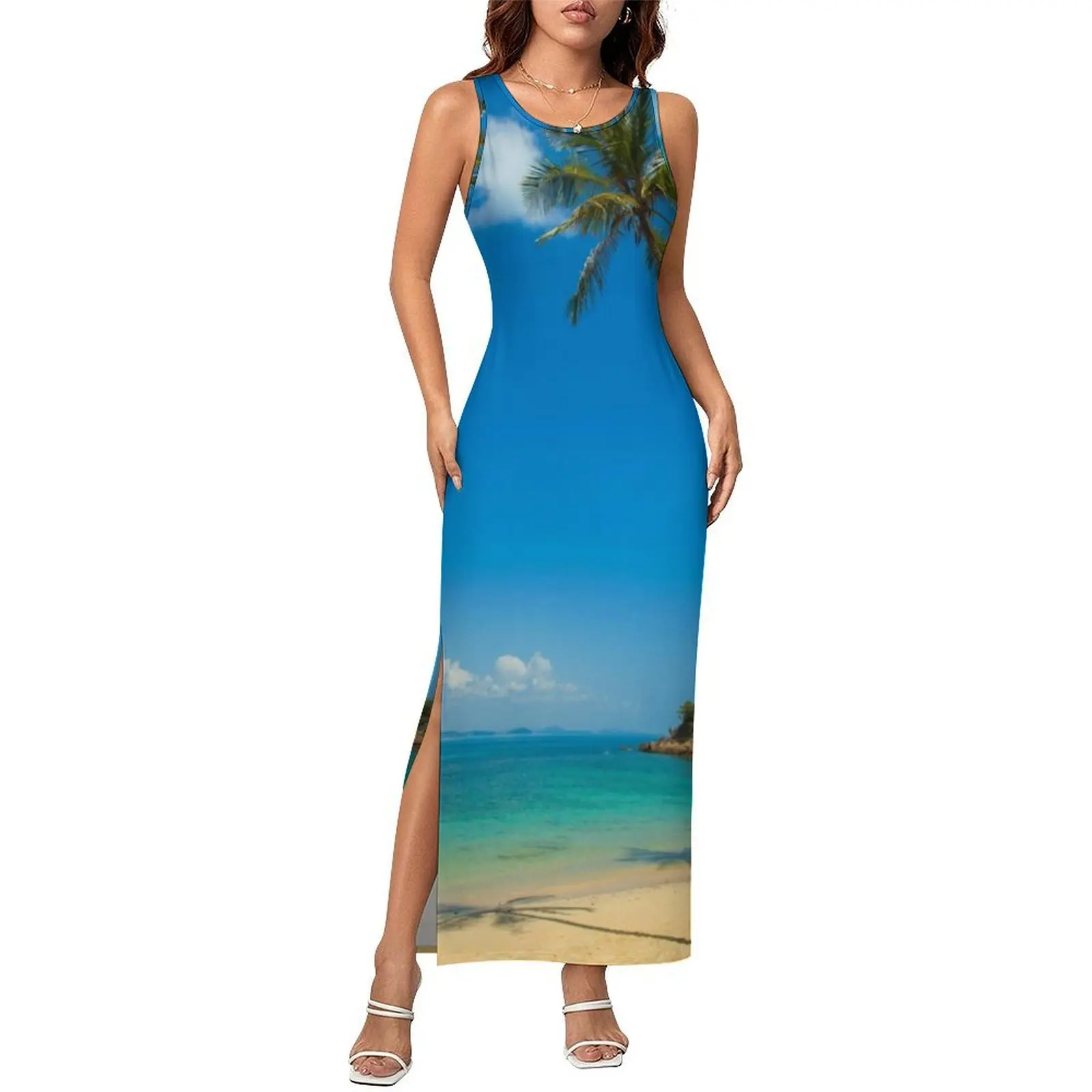 Female Bodycon Dress Elegant Blue Beach Maxi Dresses Summer Tropical Palm Trees Sleeveless Casual Y2k Pattern Dress Big Size 4XL