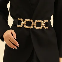 Fashion Metal Thick Chain Belt for Women Matching Coat Jumper Skirt Luxury Decoration Elastic Waist Seal Gold Buckle Brand Belt