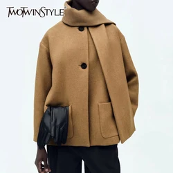TWOTWINSTYLE Solid Spliced Button Loose Jackets for Women Scarf Collar Long Sleeve Temperament Coat Female Fashion Style