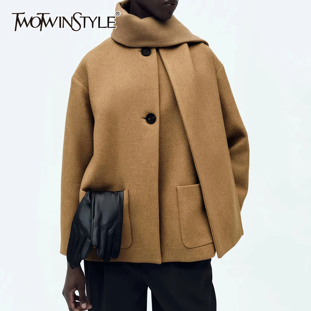 TWOTWINSTYLE Solid Spliced Button Loose Jackets for Women Scarf Collar Long Sleeve Temperament Coat Female Fashion Style