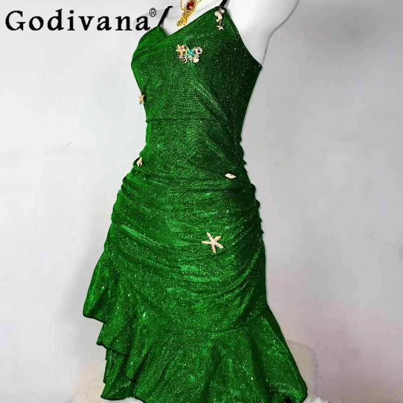 Abito da principessa verde originale fatto a mano per donna Abito sexy a coda di pesce avvolgente a vita alta Abito Lolita senza maniche femminile