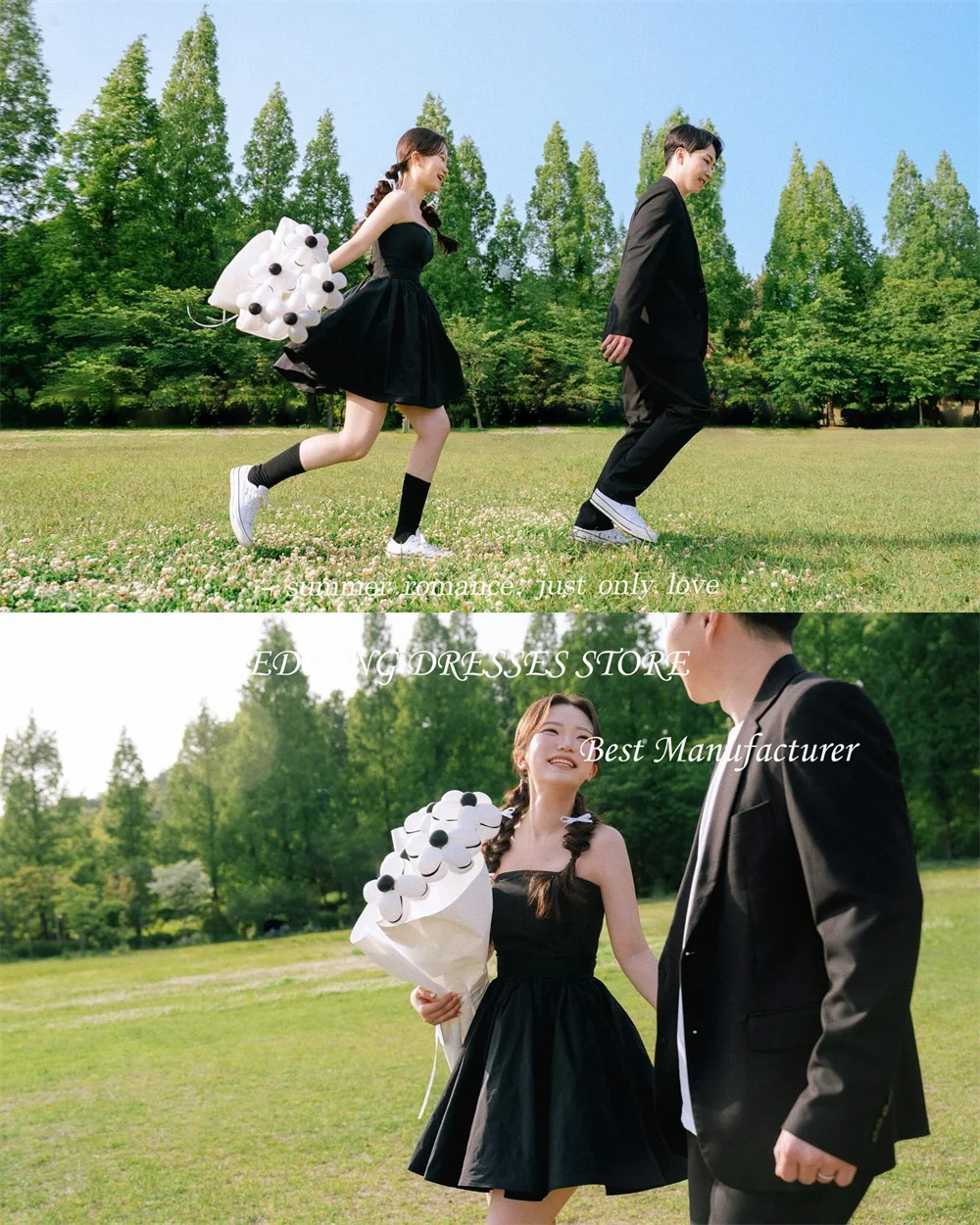 MODX فستان زفاف كوري أسود بسيط لالتقاط الصور بدون حمالات فستان زفاف على شكل حرف A فساتين زفاف صغيرة مصنوعة حسب الطلب على شكل جسر #3