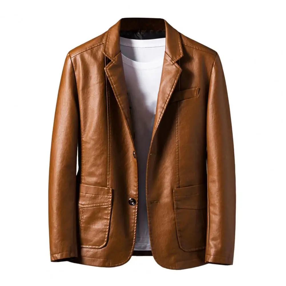 2025 Men\'s Leather Jackets Lapel Business Leather Jackets Men Pu Blazers Korean Style Slim Fashion Leather Coat