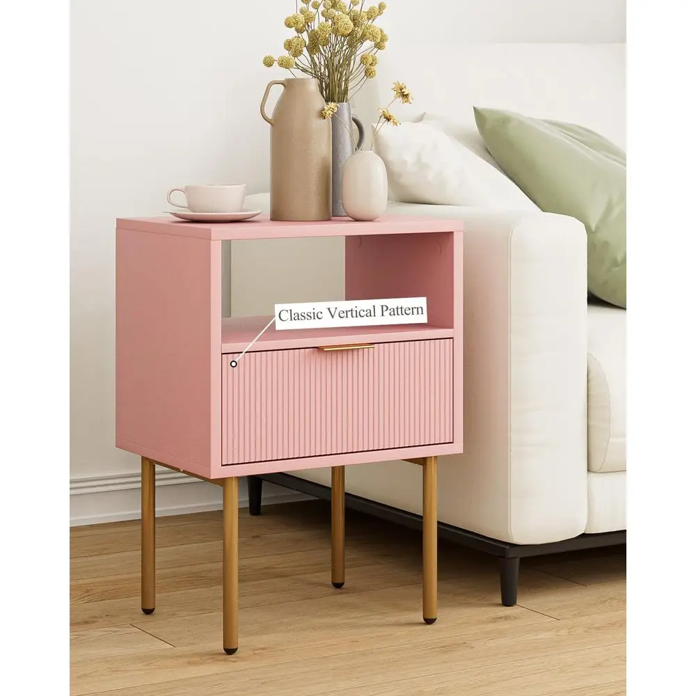 Mesa de cabeceira rosa de inspiração vintage com gaveta e prateleira para quarto e sala de estar