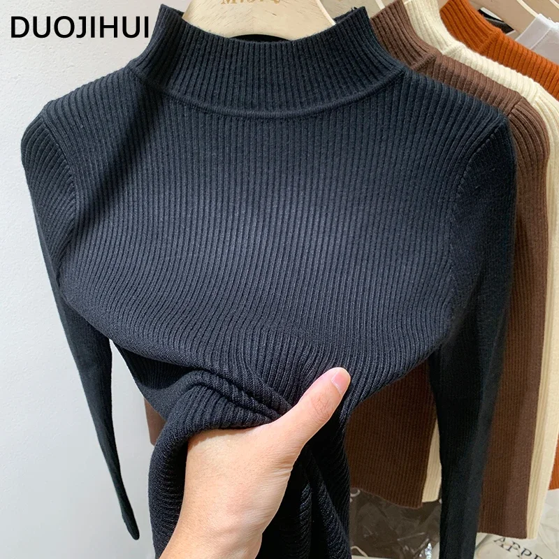 DUOJIHUI Autumn Chic Neck Knitted Sweater Women Pullovers Orange Simple Casual Long Sleeve Fashion Solid Color Female Pullovers