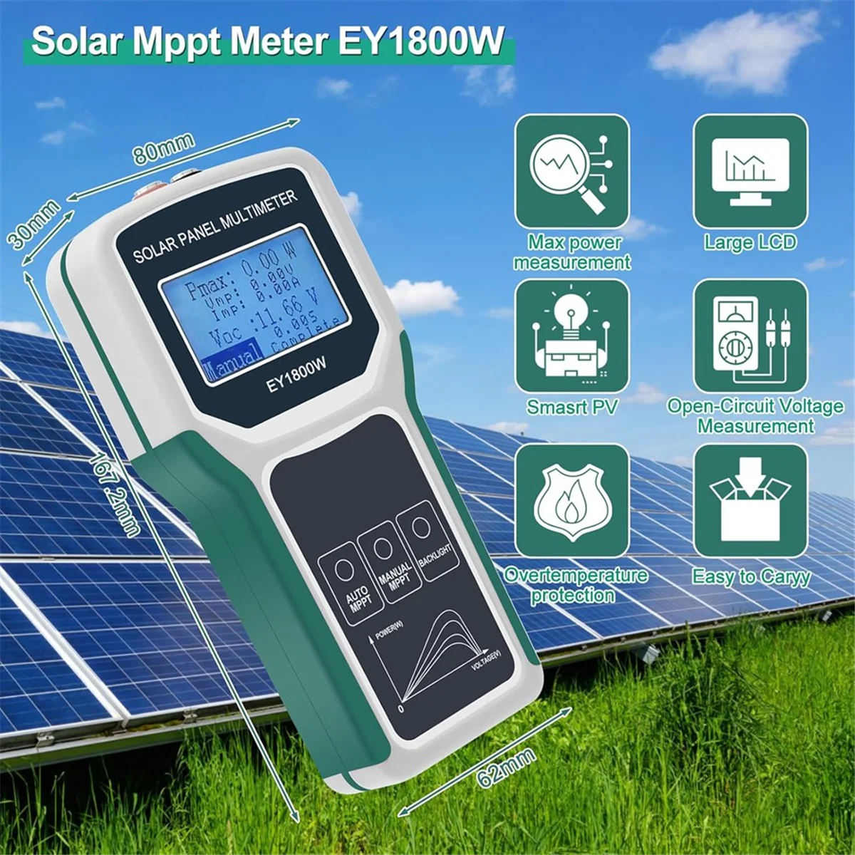 Solar Panel Smart Tester 1800W Auto/Manual MPPT Photovoltaic Panel Multimeter Testing Power Meter Tool EY1800W