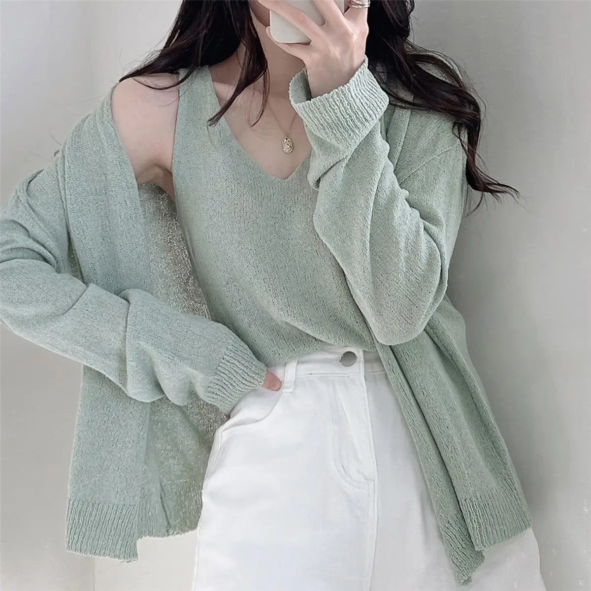 Women's Thin Knitted Sweater Sun Protection Open Cardigan Vest Outerwear V-ne Long Sve Pure Color Spring Autumn New Sle