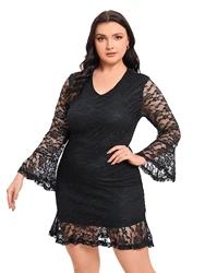 Plus Size letnie sukienki dla kobiet 2024 koronki w kwiatowy sposób przelotny Bodycon bal sukienka na formalną imprezę czarne sukienki Midi na co dzień