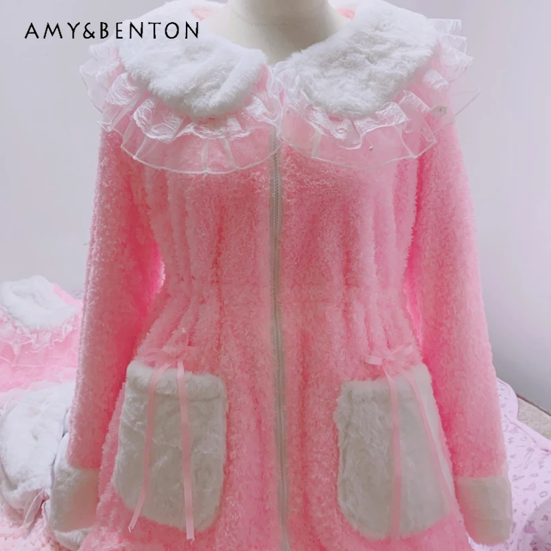 

Original Design Sweet Lace Splicing Doll Collar Fleece-Lined Women's Coat Autumn Winter New Cute Kawaii Warm Cotton Jacket Girl