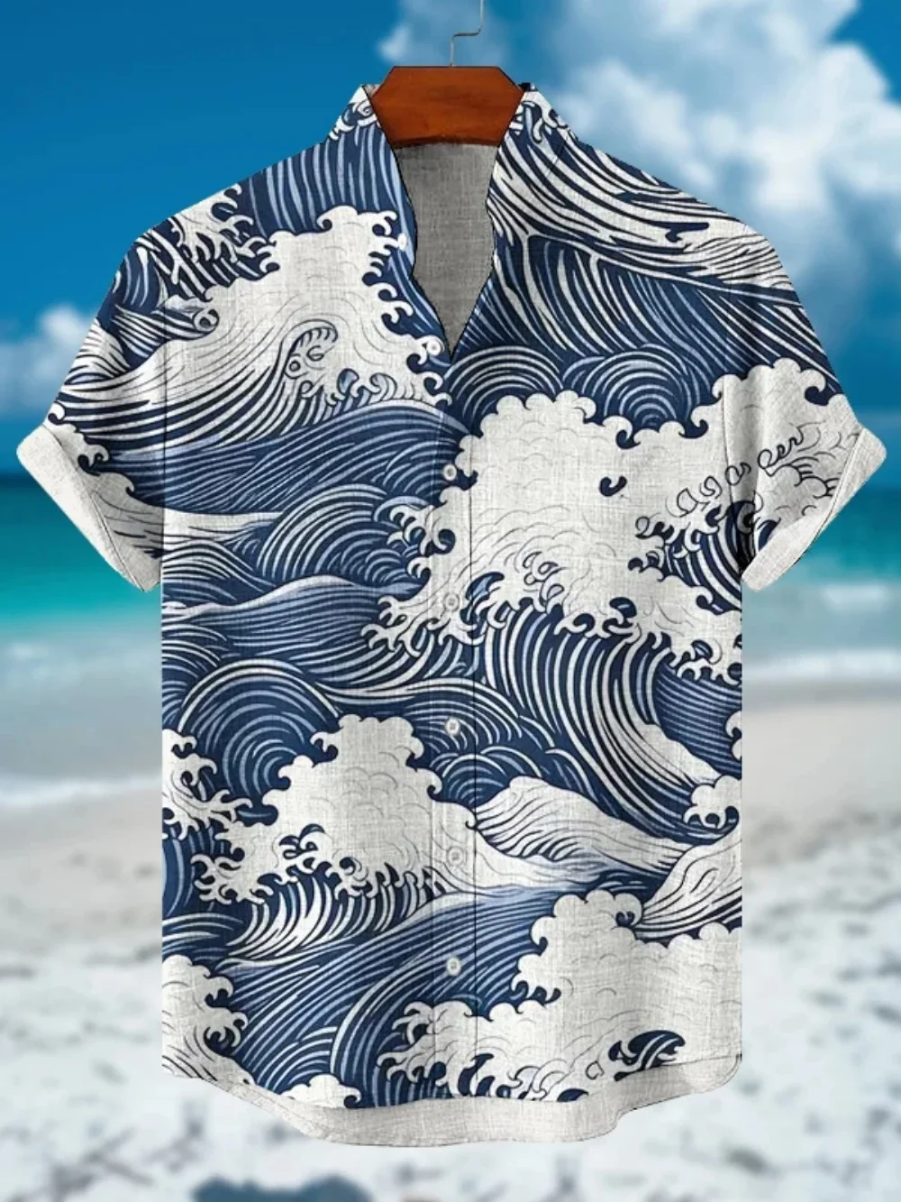 

2025 New Men's Stand up Neck Printed Bamboo Hemp Shirt, Men's Short Sleeve Button Wave Top, Street Casual Men's Clothing