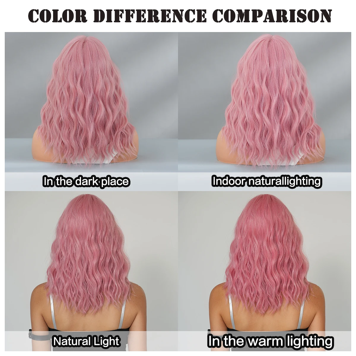 7JHH WIGS Shoulder Length Water Wave Pink Wig for Women Synthetic Heat-Resistant Modest Fashion Wear and Go Wigs with Neat Bangs - view 6