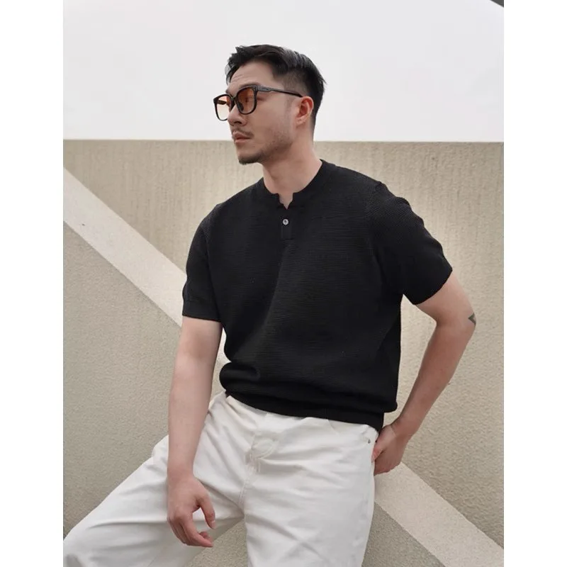 Henry collar short-sleeved knitted sweater men's pineapple pattern summer breathable and versatile inner ice silk short sleeve