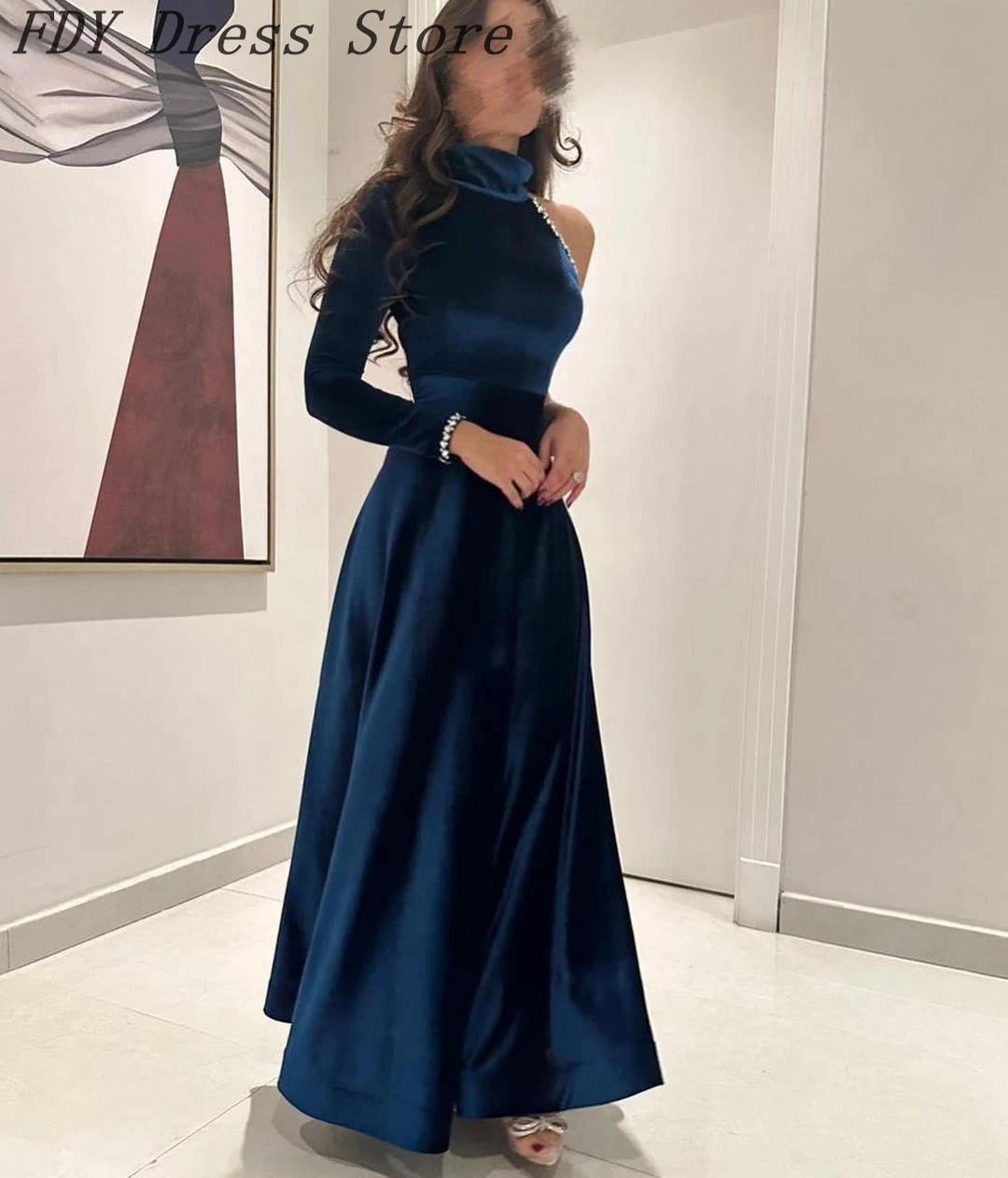 

Vintage High Neck Beadings Evening Dresses Long Sleeves Ankle Length Formal Party Dresses Back Zipper