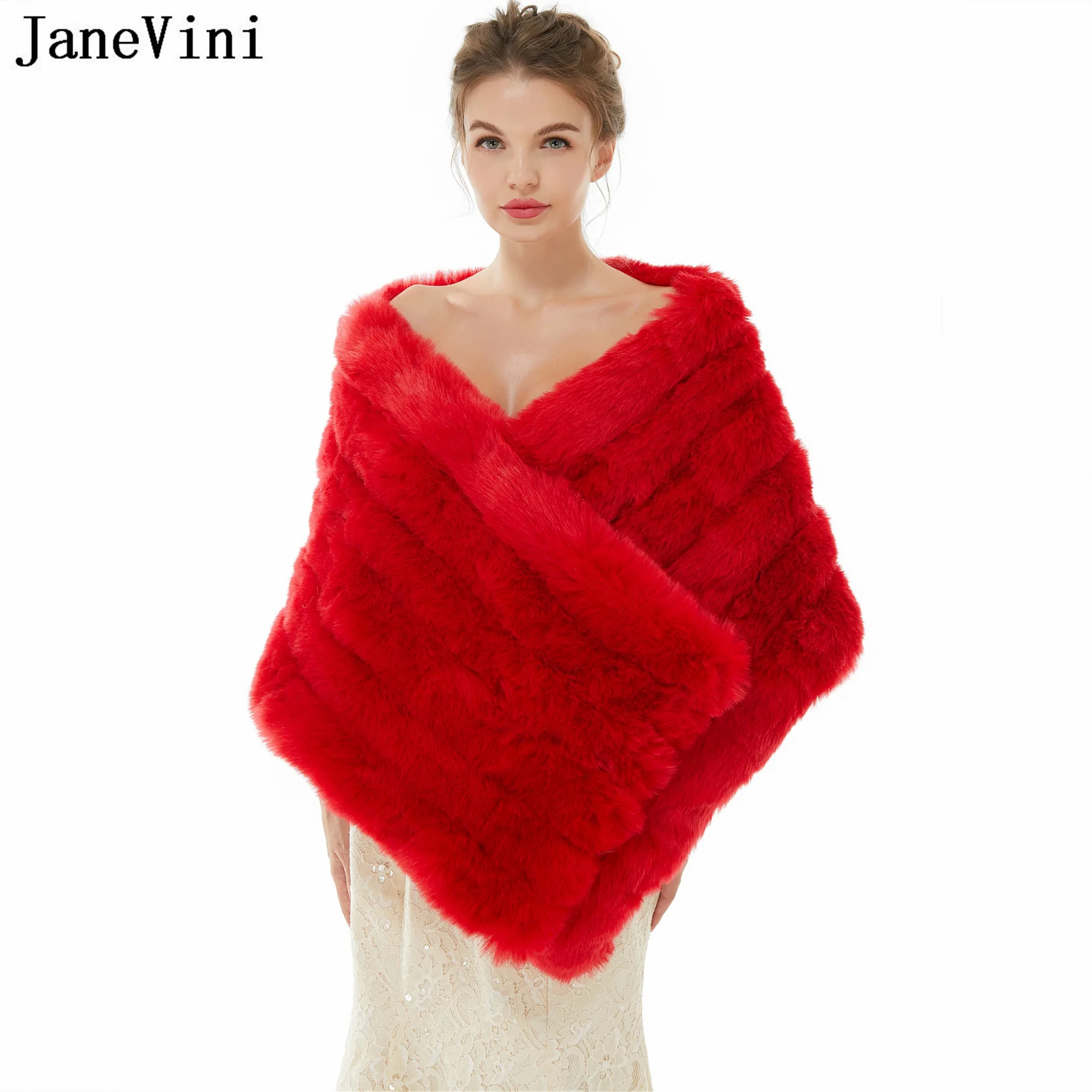 

JaneVini Winter Women Fur Shawl Jackets Coat Bolero Pelo Warm Faux Fur Bridal Capes Wedding Dress Wraps Party Shrugs Stoles Red