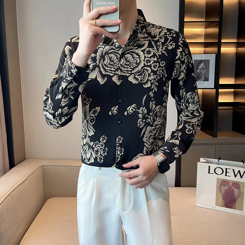 

Осень 2024, мужская рубашка с цветочным принтом, облегающая повседневная рубашка с длинным рукавом, модная деловая смокинг для вечеринок, блузка, мужская одежда