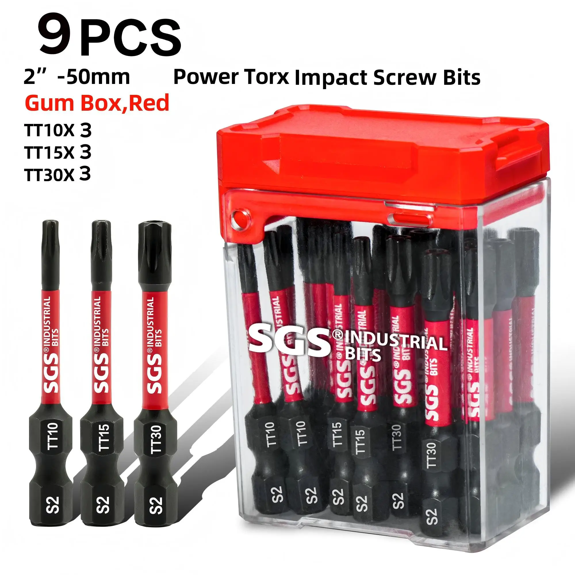 9/18 Piece Set 50mm Extended Tt Anti-Theft Torx Screwdriver Bits Tt10+Tt15+Tt30 Full Set S2 Steel Torque Buffer Red Cover Transparent Storage Box Electric Drill Impact Accessories