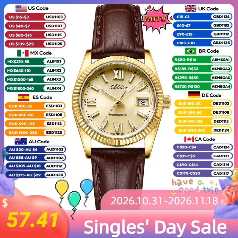 ADDIES Calendar Sapphire Glass Gold Watches Ladies Elegant Super Luminous Women's Stainless Steel Quartz Wristwatches AW25901