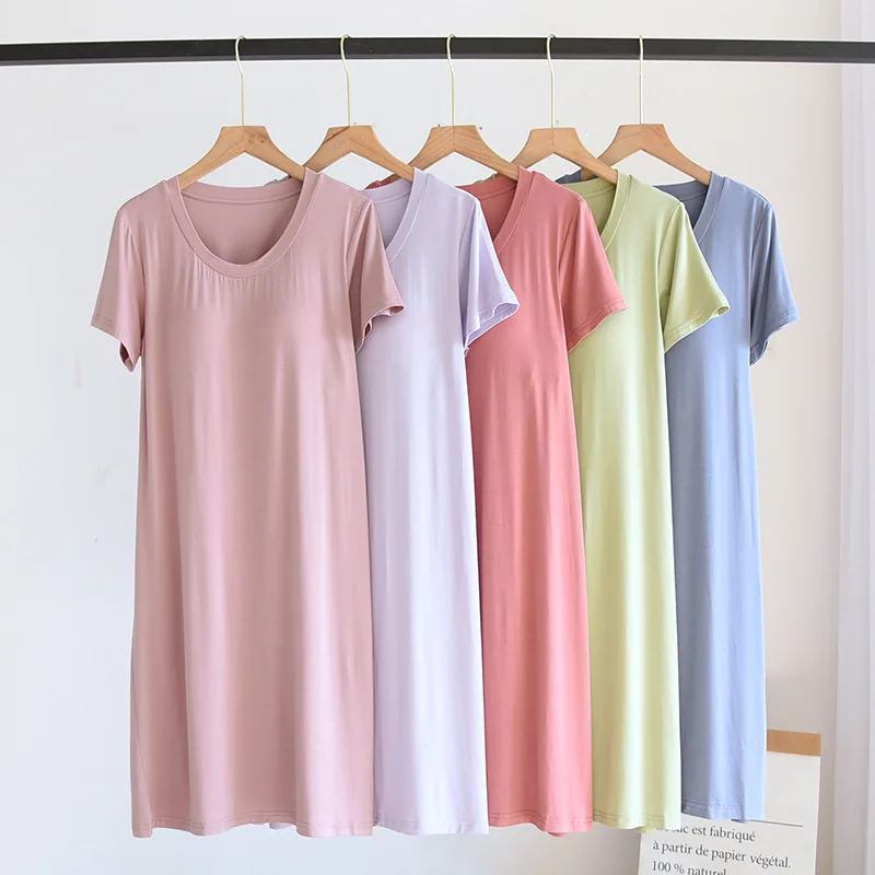 

Ladies Soft Pure Color round Neck Braless Sleep Dress Summer Comfortable Home Clothes Nightgown Polyester Fabric Short Sleeve
