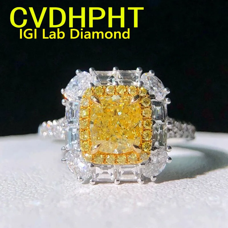 

Luxurious olid 14K Gold Ring Lab Grown Yellow diamond 2.3Ct Cushion Cut Ring Certified Engagement Rings Fine Jewelry for We