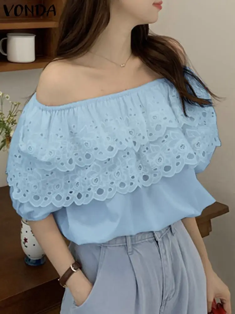 Mode Sexy Off Shoulder Tops 2024 Vonda Vrouwen Casual Kanten Blouses Met Korte Mouwen Zomershirt Los Effen Kleur Blusa 'S Met Ruches