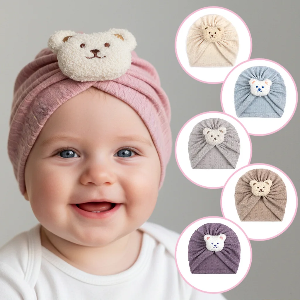 Cartoon Bear Decor Baby Stretch Turban Hat Breathable Comfortable Head Cap For Infant Girls Daily Casual Wear And Photo Props