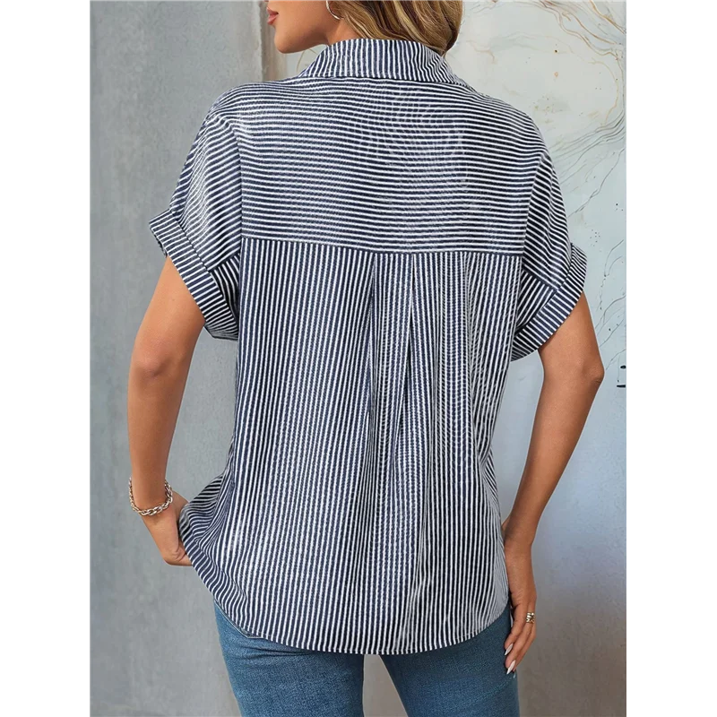 

FX-Women's Loose Short Sleeve Pocket Casual Striped Shirt