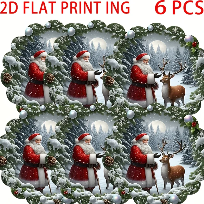 6pcs/Santa Claus And Reindeer Round Placemat, Santa Claus And Reindeer, Surrounded by Pine Branches, Snowflakes, Colorful Balls