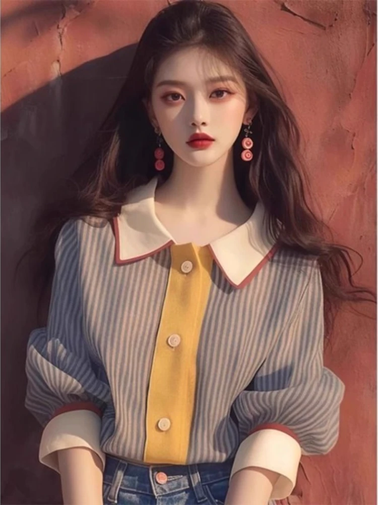 

2025 Early Autumn New Blusas Mujer Y2k Striped Shirts & Blouses Patchwork Рубашка Lapel Neck Single Breasted Blouses