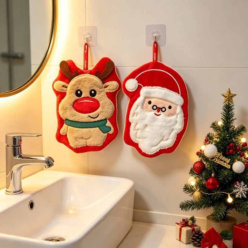2pcs Christmas cartoon hanging hand towel, ultra-fine fiber Santa Claus reindeer towel, holiday home decoration cloth