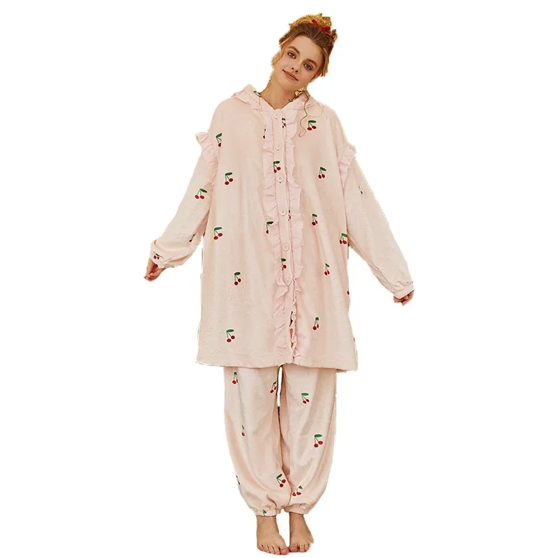 Flanella floreale scollo a V volant top pantaloni due pezzi set principessa Sleepwear donna pigiama autunno inverno fata dolce Loungewear