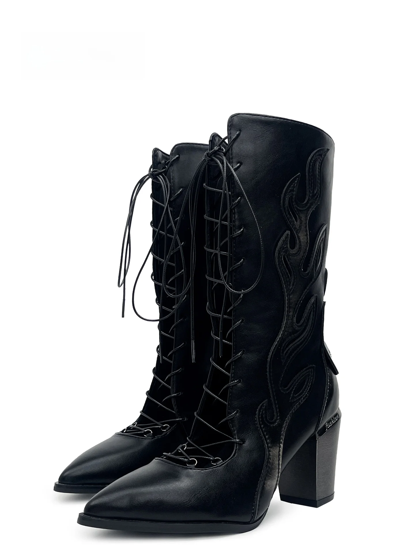 MibVias Western Cowboy Booties Women's Short Boots Punk Style Mid-Calf Riding Boots Spike Head Thick Heel Y2K Spicy Girl